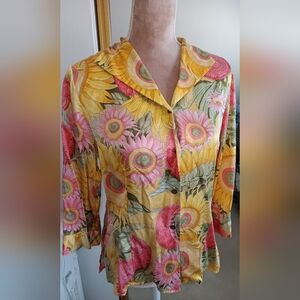Don Caster~Vintage Yellow Pink & Green Floral Sunflower Silk Button Down Shirt